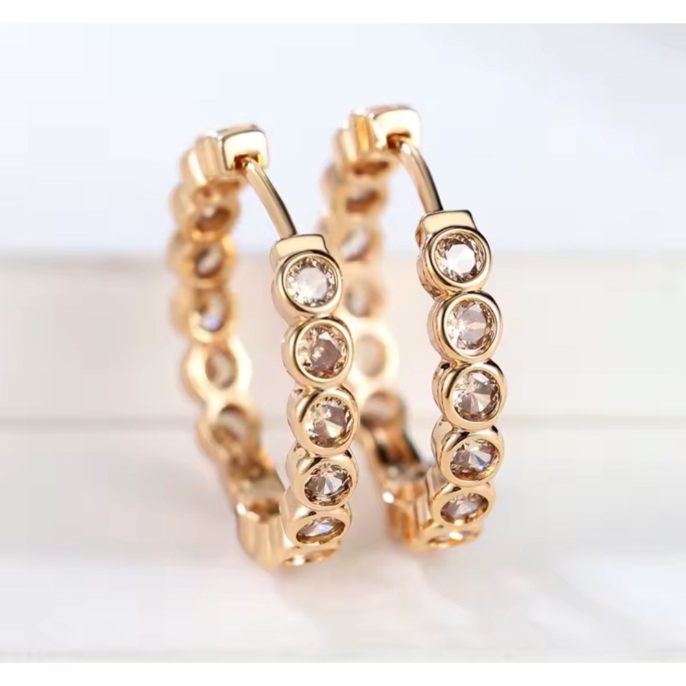 Gold Hoop‎ Earrings with Champagne Crystals Dainty Round Huggie  1 inch